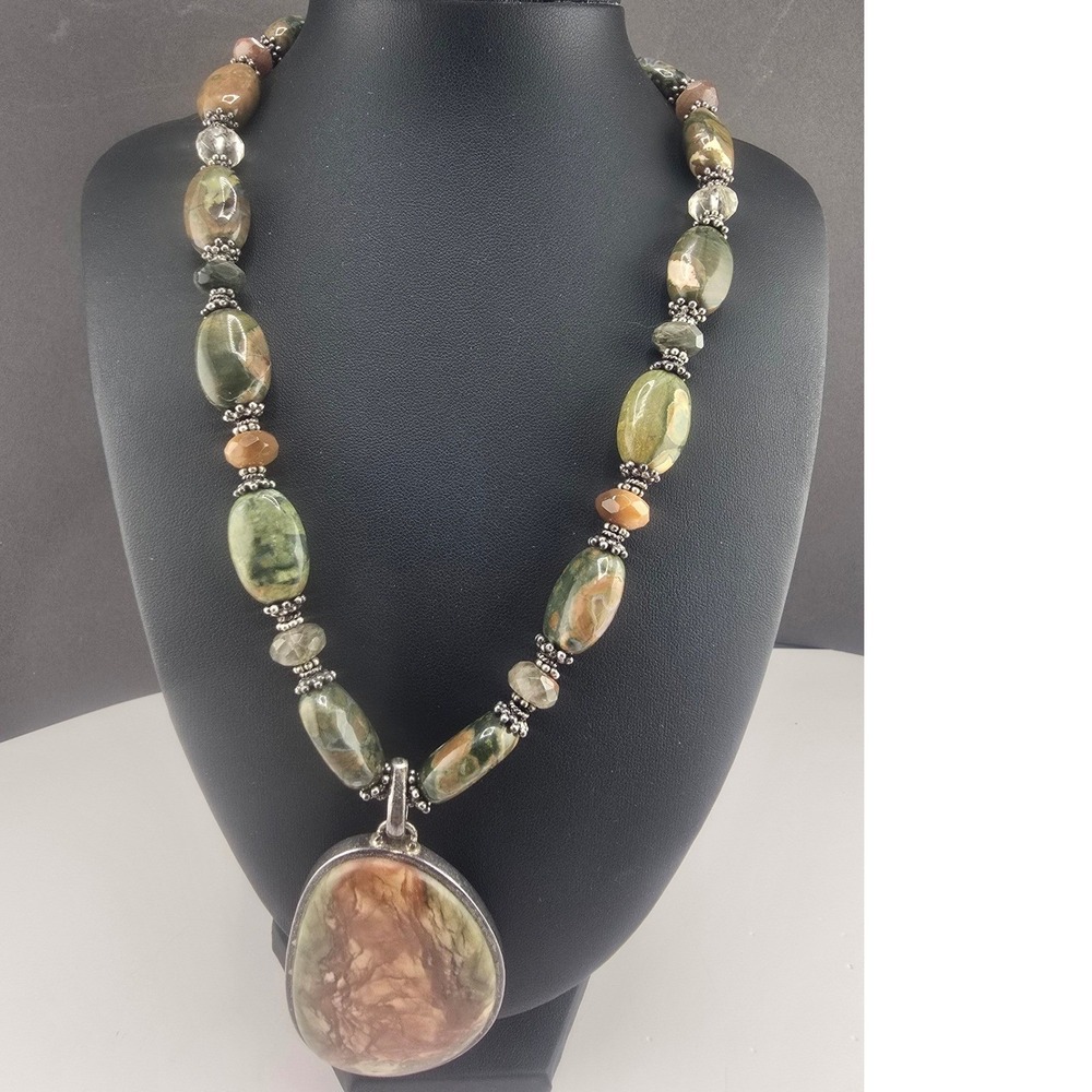Vintage Estate SJ Sajen Necklace Sterling Green Brown Stone Beaded Pendant 20in